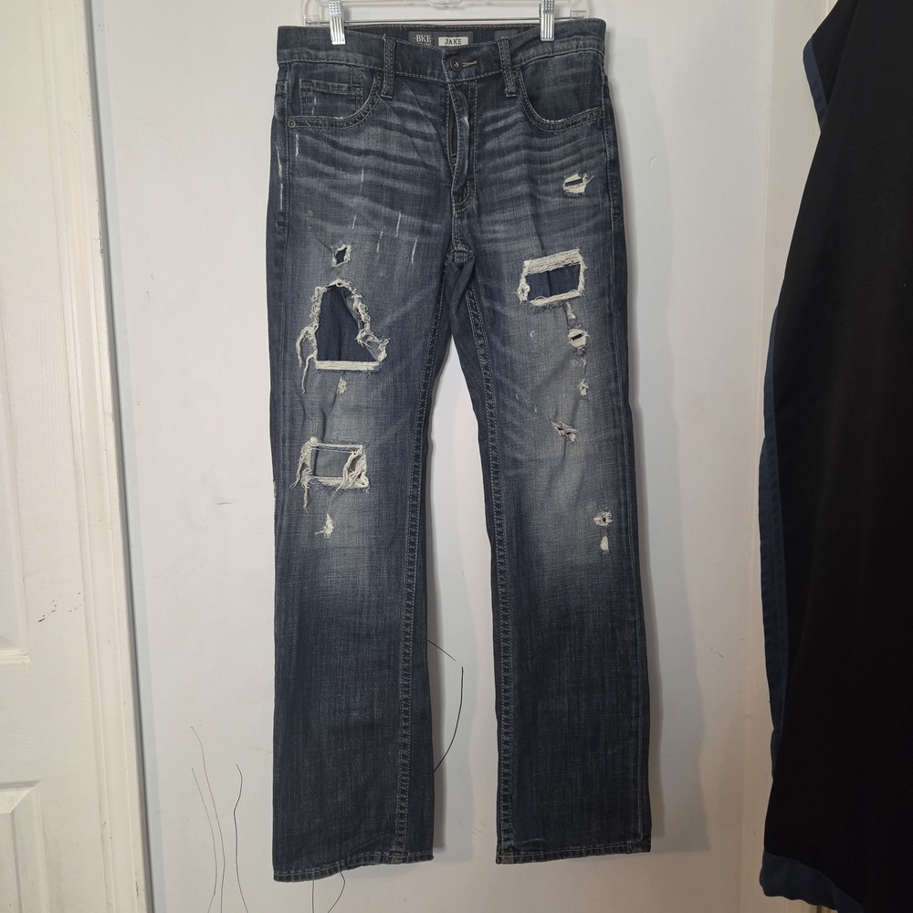 BKE Jake Bootcut Jeans Mens 31L Distressed Blue Denim Medium Wash Rugged 31x32.5